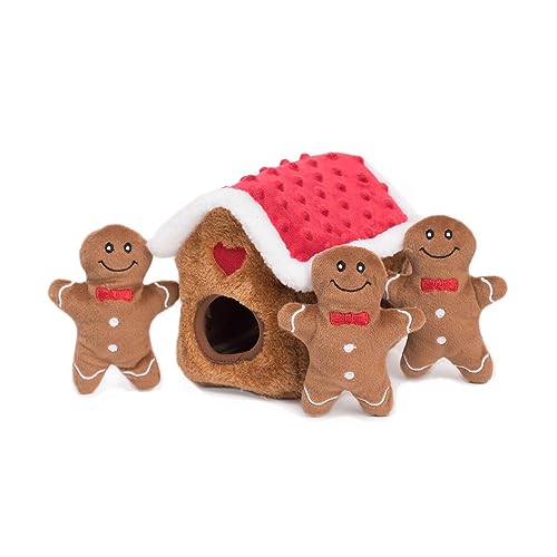ZippyPaws - Holiday Burrow, Interactive Squeaky Hide and Seek Plush Dog Toy - Gingerbread House