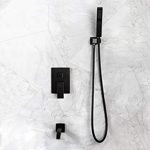 POP Wall Mounted Tub Faucet with Hand Shower Oil Rubbed Bronze Bathroom Wall Mount Tub Filler Spout Single Handle Solid Brass Bathtub Faucet with Handheld Shower for Bath