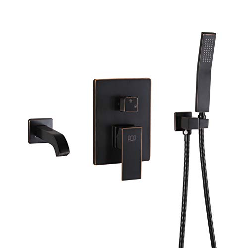 POP Wall Mounted Tub Faucet with Hand Shower Oil Rubbed Bronze Bathroom Wall Mount Tub Filler Spout Single Handle Solid Brass Bathtub Faucet with Handheld Shower for Bath