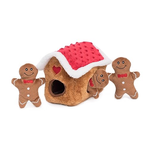 ZippyPaws - Holiday Burrow, Interactive Squeaky Hide and Seek Plush Dog Toy - Gingerbread House