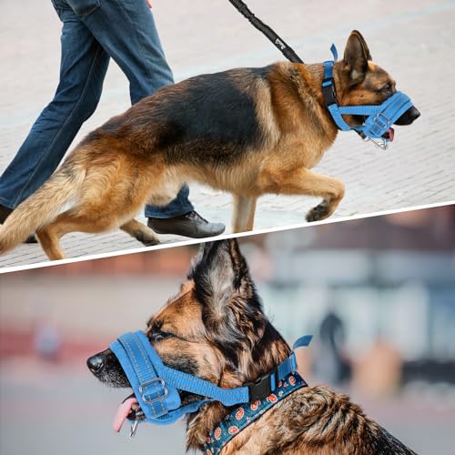 SlowTon Soft Dog Muzzle, Adjustable Padded Nylon Muzzle for Large Medium Dogs Anti Chewing Barking Biting, Allow Dog Pant & Drink (Blue, L)