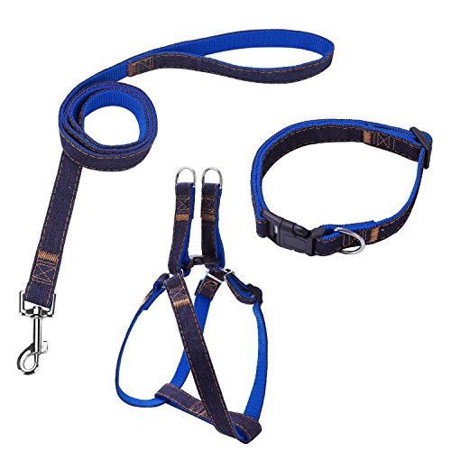 Bark Lover Dog Harness Leash and Collar Matching Sets for Small Puppy Medium Large Dogs Pets, Heavy Duty Nylon with Denim Design, Perfect Accessories for Walking Training Your Dog(S,Blue)