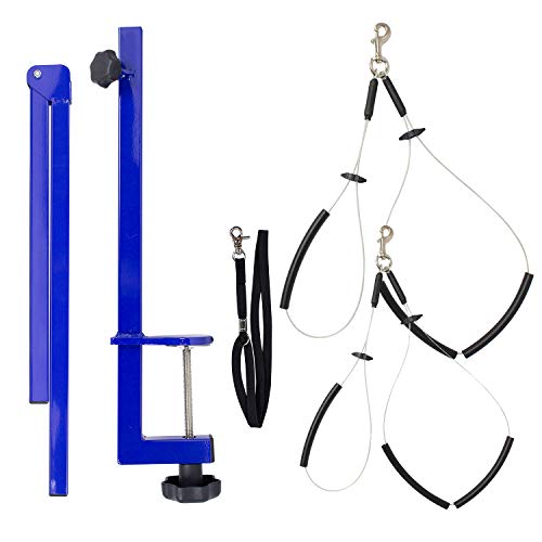 Foldable Pet Grooming Arm with Clamp, Dog Grooming Loop and No Sit Haunch Holder - Innovative Portable Grooming Arms (Blue, 2 Haunch)