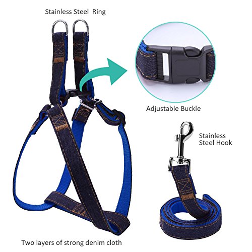 Bark Lover Dog Harness Leash and Collar Matching Sets for Small Puppy Medium Large Dogs Pets, Heavy Duty Nylon with Denim Design, Perfect Accessories for Walking Training Your Dog(S,Blue)