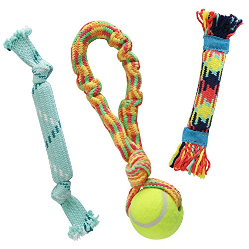 rocket & rex Dog Toy Pack and Dog Rope Toys - Includes a Stretchy Dog Toy Tug Rope with Ball for Tug of War, Rope Toys with Rubber and Crackle for Extra Chewing Fun, for Small to Medium Breeds