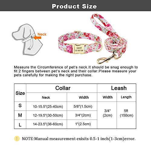 Beirui Soft Floral ID Dog Collars with Name Plate,Beautiful Flower Print Personalized Puppy Dog Collar and 5FT Leash Set for Small Medium Large Dogs, S(5/8" Wide,Neck fit 10-15.5")