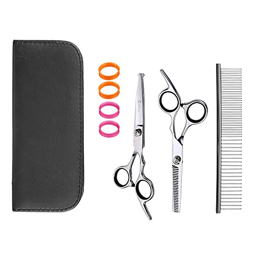 Professional Stainless Steel Pet Grooming Scissors Set with Safety Round Tip Dog Eye Cutter Kit Blunt Tip Grooming Tools for Cats and Dogs Grooming Straight Shears, Thinning Shear, Comb