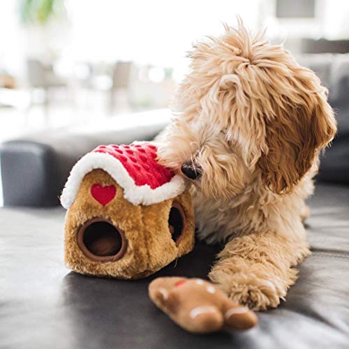 ZippyPaws - Holiday Burrow, Interactive Squeaky Hide and Seek Plush Dog Toy - Gingerbread House