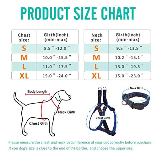 Bark Lover Dog Harness Leash and Collar Matching Sets for Small Puppy Medium Large Dogs Pets, Heavy Duty Nylon with Denim Design, Perfect Accessories for Walking Training Your Dog(S,Blue)