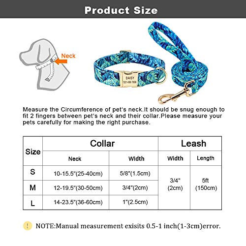 Beirui Soft Floral ID Dog Collars with Name Plate,Beautiful Flower Print Personalized Puppy Dog Collar and 5FT Leash Set for Small Medium Large Dogs, M(3/4" Wide,Neck fit 12-19.5")