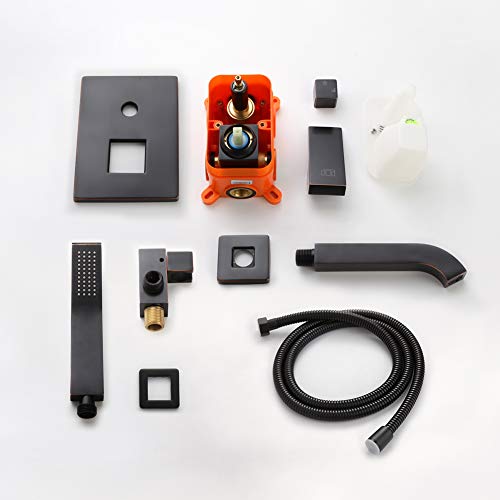 POP Wall Mounted Tub Faucet with Hand Shower Oil Rubbed Bronze Bathroom Wall Mount Tub Filler Spout Single Handle Solid Brass Bathtub Faucet with Handheld Shower for Bath