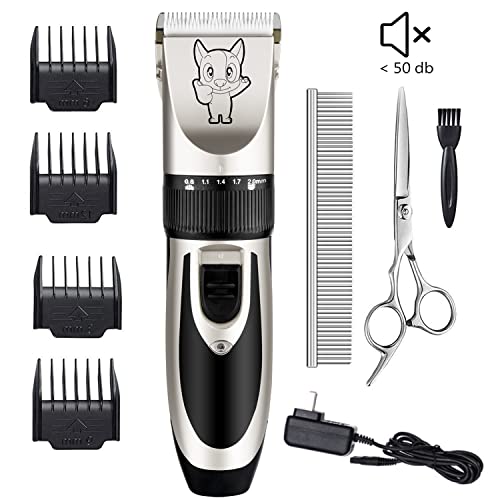 Dog Grooming Kit Clippers, Low Noise, Electric Quiet, Rechargeable, Cordless, Pet Hair Thick Coats Clippers Trimmers Set, Suitable for Dogs, Cats, and Other Pets (Silver)