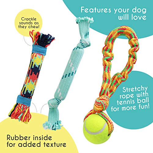 rocket & rex Dog Toy Pack and Dog Rope Toys - Includes a Stretchy Dog Toy Tug Rope with Ball for Tug of War, Rope Toys with Rubber and Crackle for Extra Chewing Fun, for Small to Medium Breeds