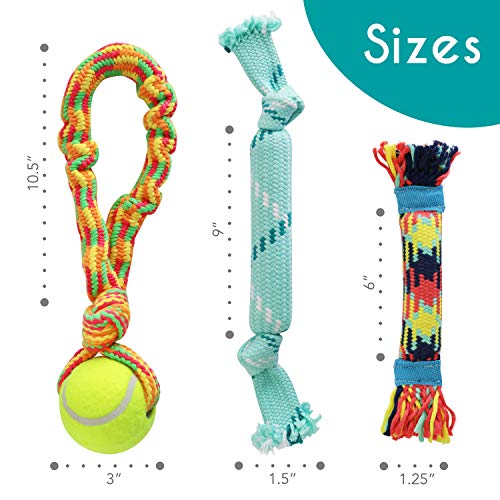 rocket & rex Dog Toy Pack and Dog Rope Toys - Includes a Stretchy Dog Toy Tug Rope with Ball for Tug of War, Rope Toys with Rubber and Crackle for Extra Chewing Fun, for Small to Medium Breeds