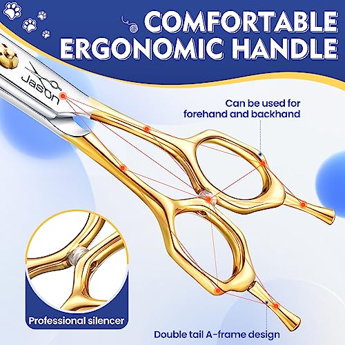 JASON 7.5" Curved Dog Grooming Scissors, Cats Grooming Shears Pets Trimming Kit for Right Handed Groomers, Sharp, Comfortable, Light-Weight Shear