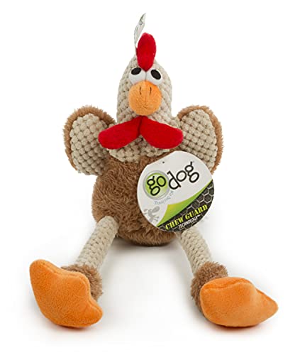 goDog Checkers Skinny Rooster Squeaky Plush Dog Toy, Chew Guard Technology - Brown, Small
