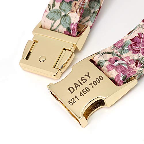 Beirui Soft Floral ID Dog Collars with Name Plate,Beautiful Flower Print Personalized Puppy Dog Collar and 5FT Leash Set for Small Medium Large Dogs, S(5/8" Wide,Neck fit 10-15.5")