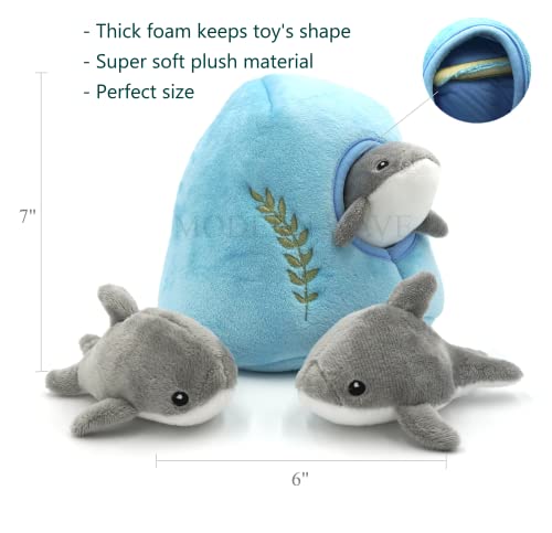MODERN WAVE - Squeaky Plush Dog Toy - Interactive Hide and Seek Squirrel Type Puzzle Toy for Dogs, Medium Size (Ocean and Dolphins)