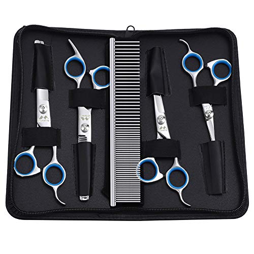 Dog Scissors with Round Tip, Set of 5 Dog Grooming Kit, Stainless Steel Pet Grooming Scissors for Full Body, Face, Nose, Ear and Paw (blue)