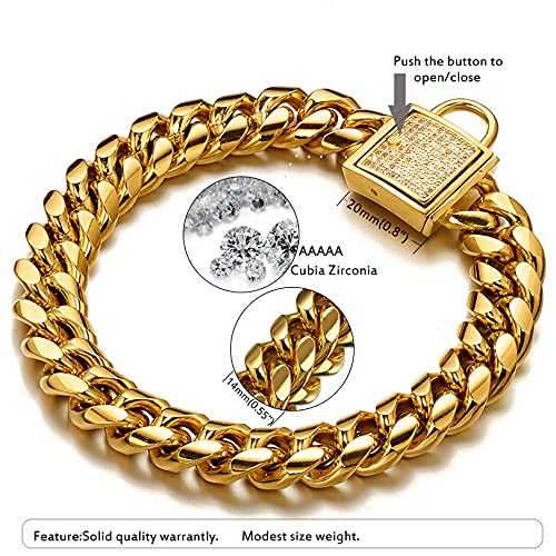 Abaxaca 18K Gold Big Dog Collar Top Luxury Metal Stainless Steel 14mm Training Collar Cuban Link with Zirconia Lock Necklace Locking Miami Chain (22 inch)