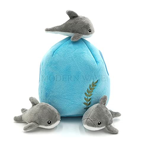 MODERN WAVE - Squeaky Plush Dog Toy - Interactive Hide and Seek Squirrel Type Puzzle Toy for Dogs, Medium Size (Ocean and Dolphins)