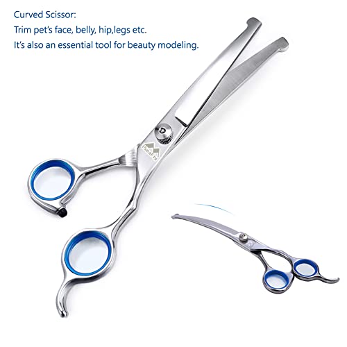 Dog Scissors with Round Tip, Set of 5 Dog Grooming Kit, Stainless Steel Pet Grooming Scissors for Full Body, Face, Nose, Ear and Paw (blue)