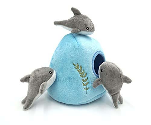 MODERN WAVE - Squeaky Plush Dog Toy - Interactive Hide and Seek Squirrel Type Puzzle Toy for Dogs, Medium Size (Ocean and Dolphins)