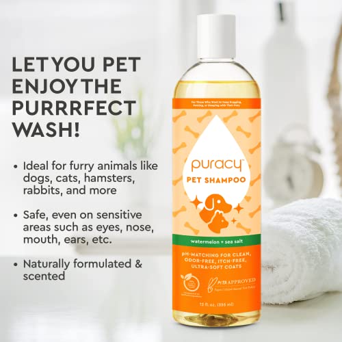 Puracy Pet Shampoo, Watermelon & Sea Salt 2-in-1 Hypoallergenic Dog Shampoo and Conditioner for Healthier Coats, Biotin for Anti-Itch, Human-Grade Canine Shampoo for Shiny Fur and Zero Odors, 12 Oz
