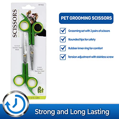 Pet Magasin Japanese Stainless Steel Grooming Scissors (2) for Facial Hair and Larger for Body Trimming with Round Tip
