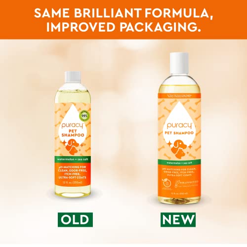 Puracy Pet Shampoo, Watermelon & Sea Salt 2-in-1 Hypoallergenic Dog Shampoo and Conditioner for Healthier Coats, Biotin for Anti-Itch, Human-Grade Canine Shampoo for Shiny Fur and Zero Odors, 12 Oz