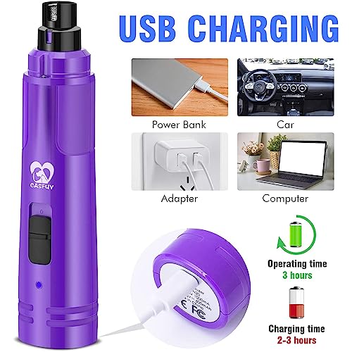 Casfuy Dog Nail Grinder with LED Light - Upgraded 2-Speed Electric Pet Nail Trimmer Powerful Painless Paws Grooming & Smoothing for Small Medium Large Dogs & Cats (Purple)