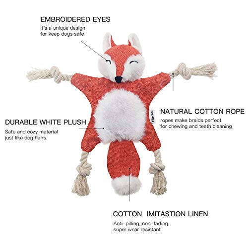 Fox Dog Toy with Squeaker, Stuffless Dog Toy Crinkle Hunting Dog Toy Plush Durable Dog Squeaky Toys Cotton Rope Dog Toy Throughout the Body Cute Dog Chew Toys for Puppies with Eyes Embroidery Design