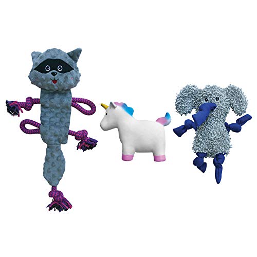 rocket & rex No Stuffing Dog Toy | Unstuffed Dog Toys Bundle with Squeakers | Set Includes a Stuffing Free Rope Toy, Rubber Squeaker Toy and Plush Toy | for Small to Medium Breeds