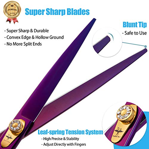 PURPLEBIRD 8 Inch Straight Dog Grooming Scissors Professional Pet Cutting Shears Safety Noiseless Blunt Tip Trimming Shearing for Dogs Cats Japanese Stainless Steel Purple