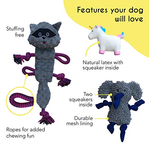 rocket & rex No Stuffing Dog Toy | Unstuffed Dog Toys Bundle with Squeakers | Set Includes a Stuffing Free Rope Toy, Rubber Squeaker Toy and Plush Toy | for Small to Medium Breeds