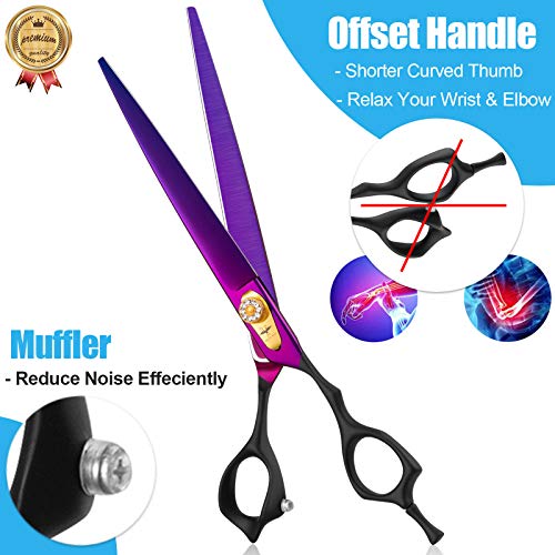 PURPLEBIRD 8 Inch Straight Dog Grooming Scissors Professional Pet Cutting Shears Safety Noiseless Blunt Tip Trimming Shearing for Dogs Cats Japanese Stainless Steel Purple