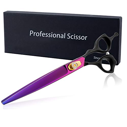 PURPLEBIRD 8 Inch Straight Dog Grooming Scissors Professional Pet Cutting Shears Safety Noiseless Blunt Tip Trimming Shearing for Dogs Cats Japanese Stainless Steel Purple