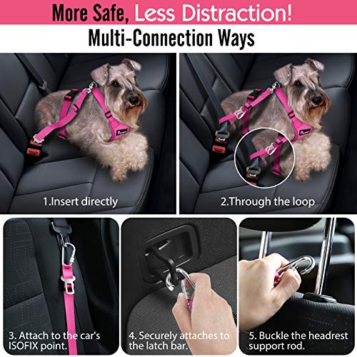 Pawaboo Dog Safety Vest Harness, Pet Car Harness Vehicle Seat Belt with Adjustable Strap and Buckle Clip, Easy Control for Driving Traveling Safety for Small Medium Dogs Cats, Large, Rose Red