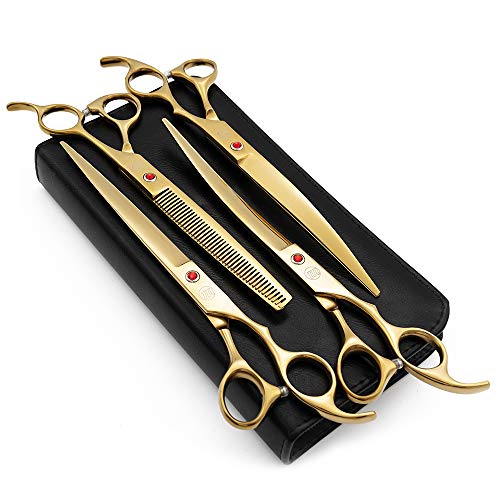 Moontay Professional 8.0" Dog Grooming Scissors Set, 4-pieces Straight, Upward Curved, Downward Curved, Thinning/Blending Shears for Dog, Cat and Pets, JP Stainless Steel, Gold