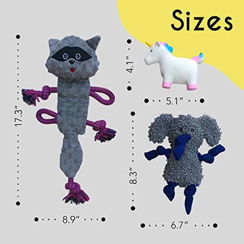 rocket & rex No Stuffing Dog Toy | Unstuffed Dog Toys Bundle with Squeakers | Set Includes a Stuffing Free Rope Toy, Rubber Squeaker Toy and Plush Toy | for Small to Medium Breeds