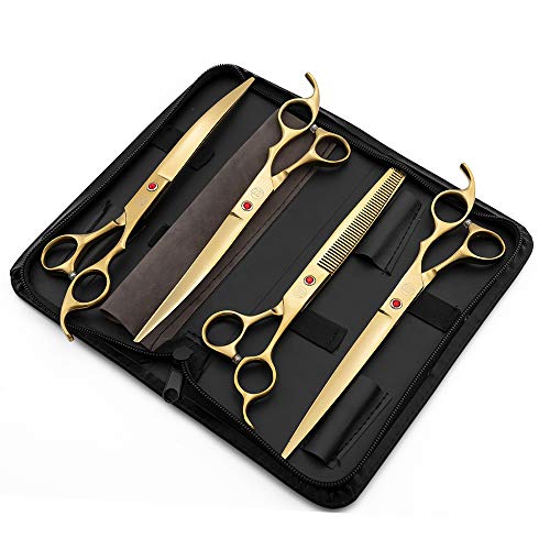 Moontay Professional 8.0" Dog Grooming Scissors Set, 4-pieces Straight, Upward Curved, Downward Curved, Thinning/Blending Shears for Dog, Cat and Pets, JP Stainless Steel, Gold