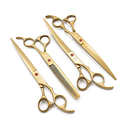 Moontay Professional 8.0" Dog Grooming Scissors Set, 4-pieces Straight, Upward Curved, Downward Curved, Thinning/Blending Shears for Dog, Cat and Pets, JP Stainless Steel, Gold