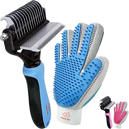 Pet Grooming Kit for Dog and Cat with 2 Sided Grooming Brush and 2 Sided Grooming Glove for De-Shedding, De-Matting and Cleaning All Pet Hair Effectively