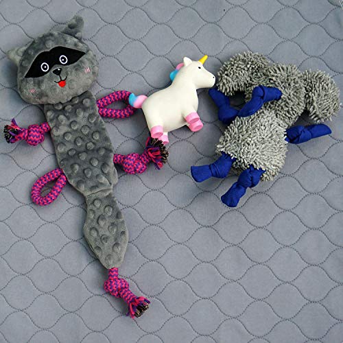 rocket & rex No Stuffing Dog Toy | Unstuffed Dog Toys Bundle with Squeakers | Set Includes a Stuffing Free Rope Toy, Rubber Squeaker Toy and Plush Toy | for Small to Medium Breeds