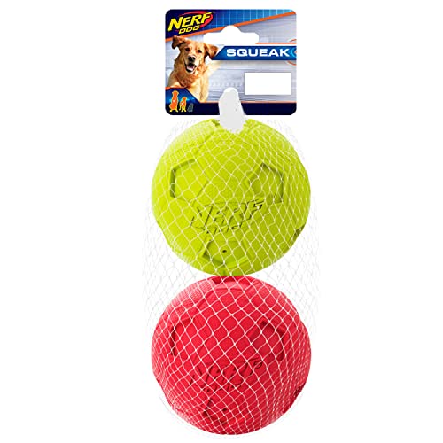 Nerf Dog Soccer Ball Dog Toys with Interactive Squeaker, Lightweight, Durable and Water Resistant, 4 Inches, For Medium/Large Breeds, Two Pack, Green and Red