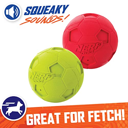Nerf Dog Soccer Ball Dog Toys with Interactive Squeaker, Lightweight, Durable and Water Resistant, 4 Inches, For Medium/Large Breeds, Two Pack, Green and Red