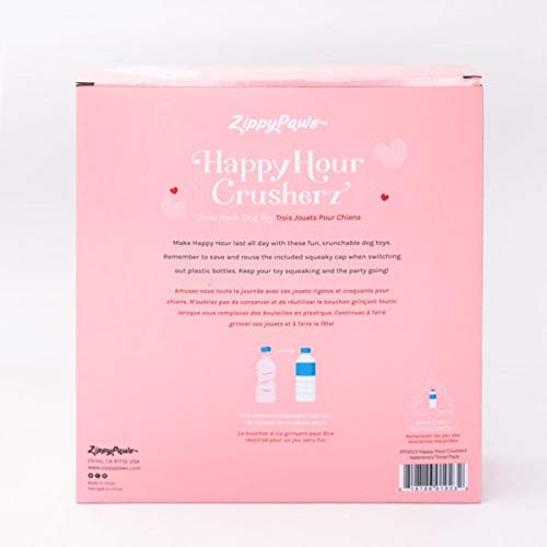 ZippyPaws Happy Hour Crusherz, Crunchy Dog Toy with Water Bottle, No Stuffing, Valentine's, 3 Pack