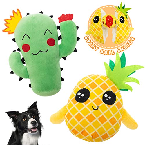 Dog Squeak Toys for Chewers - 2 Pack 2-in-1 Interactive Stuffed Plush Dog Toy with Surprise Ball Inside, Cute Durable Tug and Fetch Toys Pineapple and Cactus Pet Chew Toys for Small to Lagre Dogs