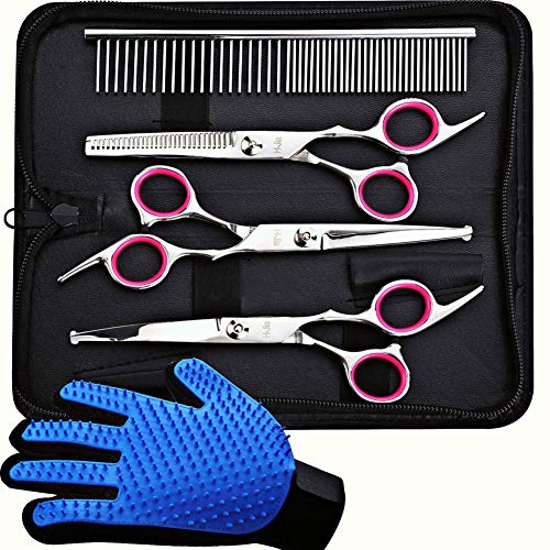 H-Jia Dog Grooming Scissors Set, Safety Round Blunt Tip Pet Grooming Kit-Straight, Curved, Thinning Shears with Comb Grooming Glove, Sharp Durable Grooming Tools for Large Small Dogs and Cats (5PCS)