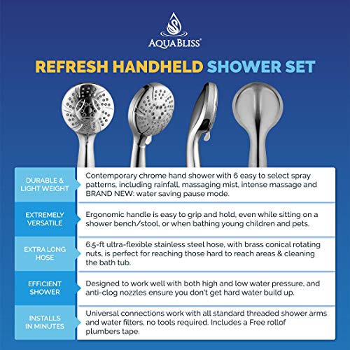 AquaBliss TheraSpa Hand Shower â 6 Mode Massage Shower Head with Hose High Pressure to Gentle Water Saving Mode - 6.5 FT No-Tangle Handheld Shower Head with Extra Long Hose & Adj. Mount | Chrome